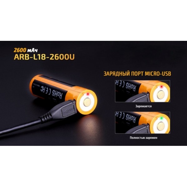 Акумулятор 18650 Fenix ​​ARB-L18-2600U (2600 mAh), захищений, з роз'ємом мікро-USB