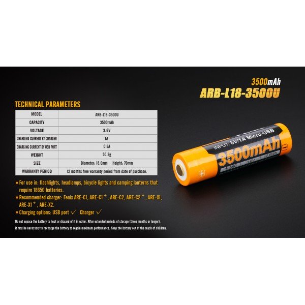 Акумулятор 18650 Fenix ​​ARB-L18-3500U (3500 mAh), захищений, з роз'ємом мікро-USB