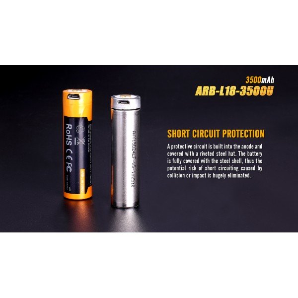 Акумулятор 18650 Fenix ​​ARB-L18-3500U (3500 mAh), захищений, з роз'ємом мікро-USB