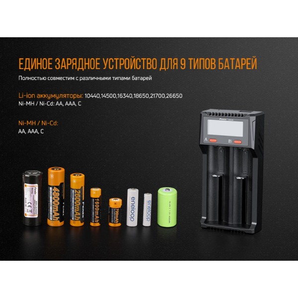 Зарядний пристрій Fenix ​​ARE-D2 (18650, 14500, 26650, АА, ААА, 16340, 10440, 21700)